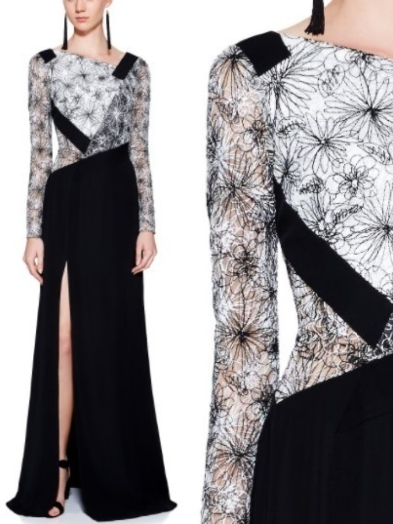 Nwt Tadashi Shoji Marissa Embroidered Crepe Slit Gown Dress Black White Size 4